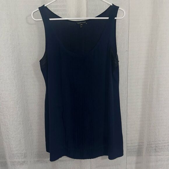 Eileen Fisher M Navy Pleated Front Scoop Silk Tank Top - Picture 1 of 10